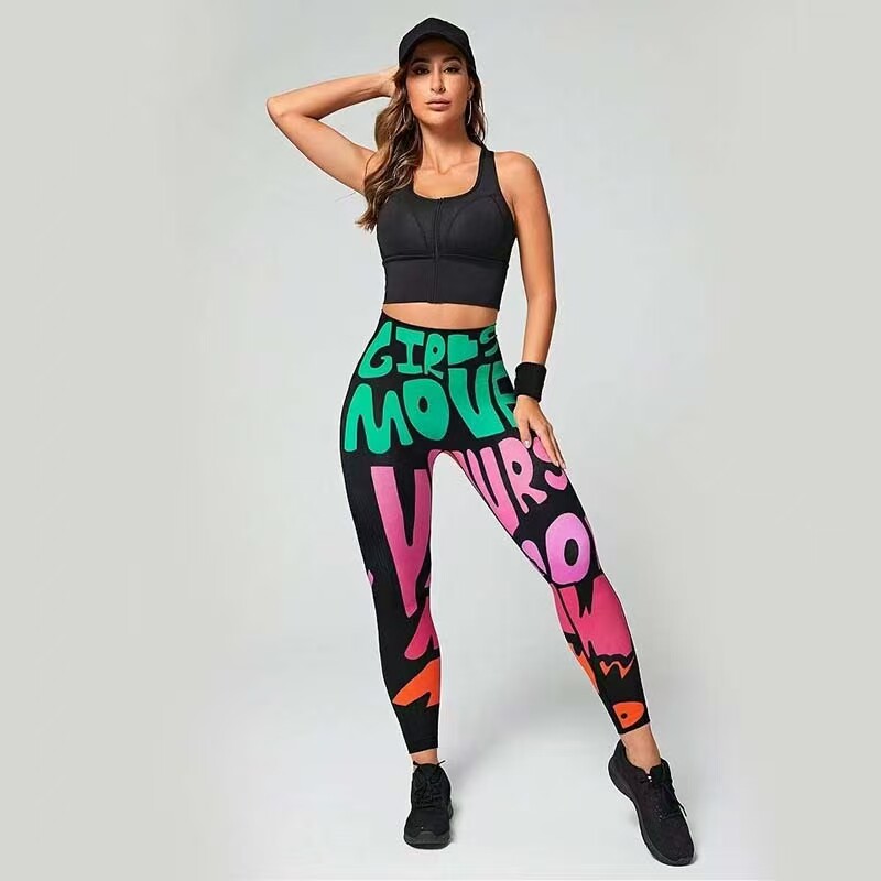 极度蜜桃针织罗纹瑜伽裤尊巴莎莎花色字母舞蹈女士运动健身紧身裤