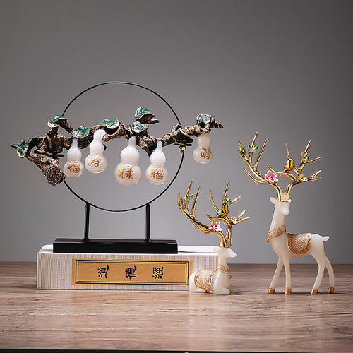 新中式鹿装饰办公室桌面工艺品轻奢玄关客厅葫芦摆件乔迁