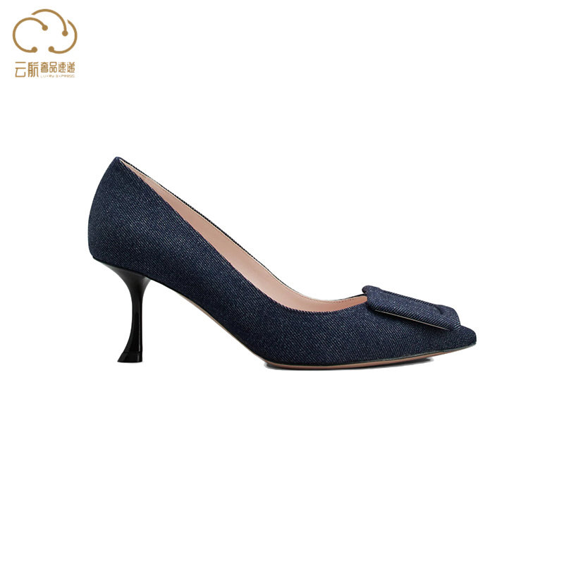 roger vivier/罗杰·维维亚女鞋蓝色牛仔面料标志性饰扣高跟鞋