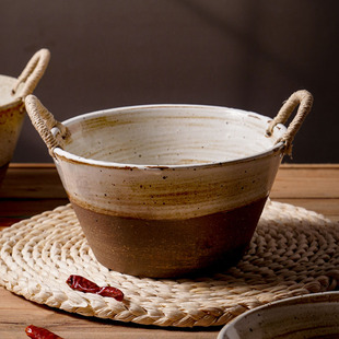 日式 粗陶瓷大号汤碗双耳编绳提手深碗菜盆简约复古风餐具拍摄道具