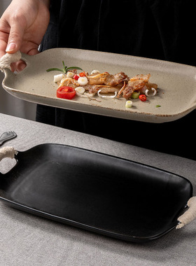 日式陶瓷餐具复古双耳鱼盘麻绳长方形盘子浅盘寿司料理菜盘哑光色