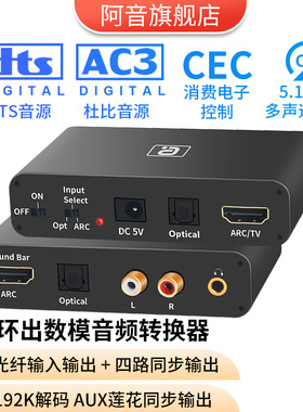 ARC数模音频转换器192K解码CEC电视光纤AUX莲花外接音箱功放5.1CH