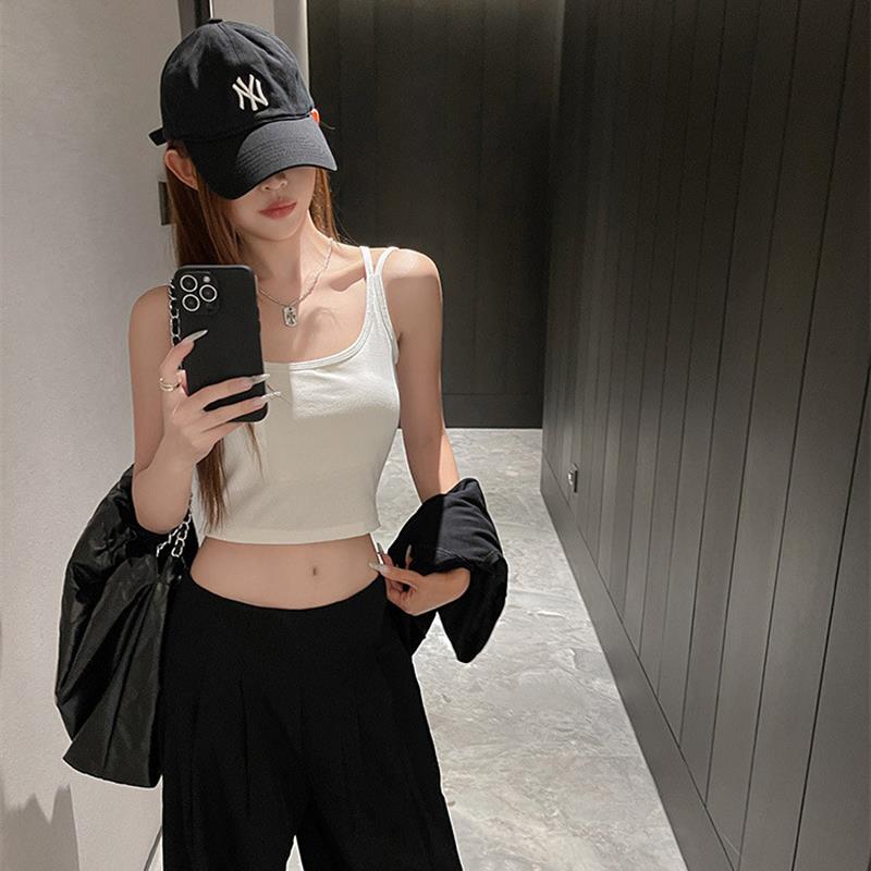 夏季带胸垫一体式纯色吊带小背心女性感美背短款可外穿无袖上衣