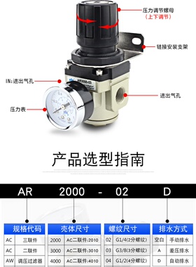 气动气源处理器气压精密调压阀减压阀AR1000-M5空压机空气过滤。