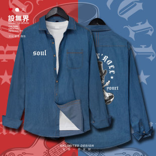 设无界摇滚音乐标志骷髅头黑色高帽吉他插画牛仔衬衫男女秋衣服