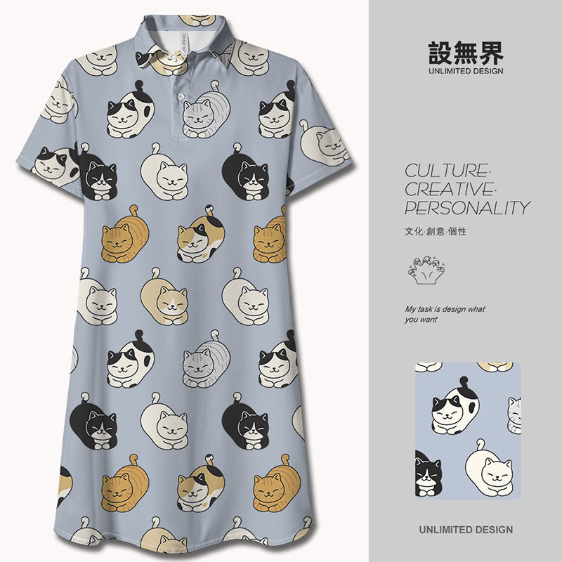 设无界日系猫咪揣手手呆萌铲屎官图案POLO领短裙显瘦裙子夏0015