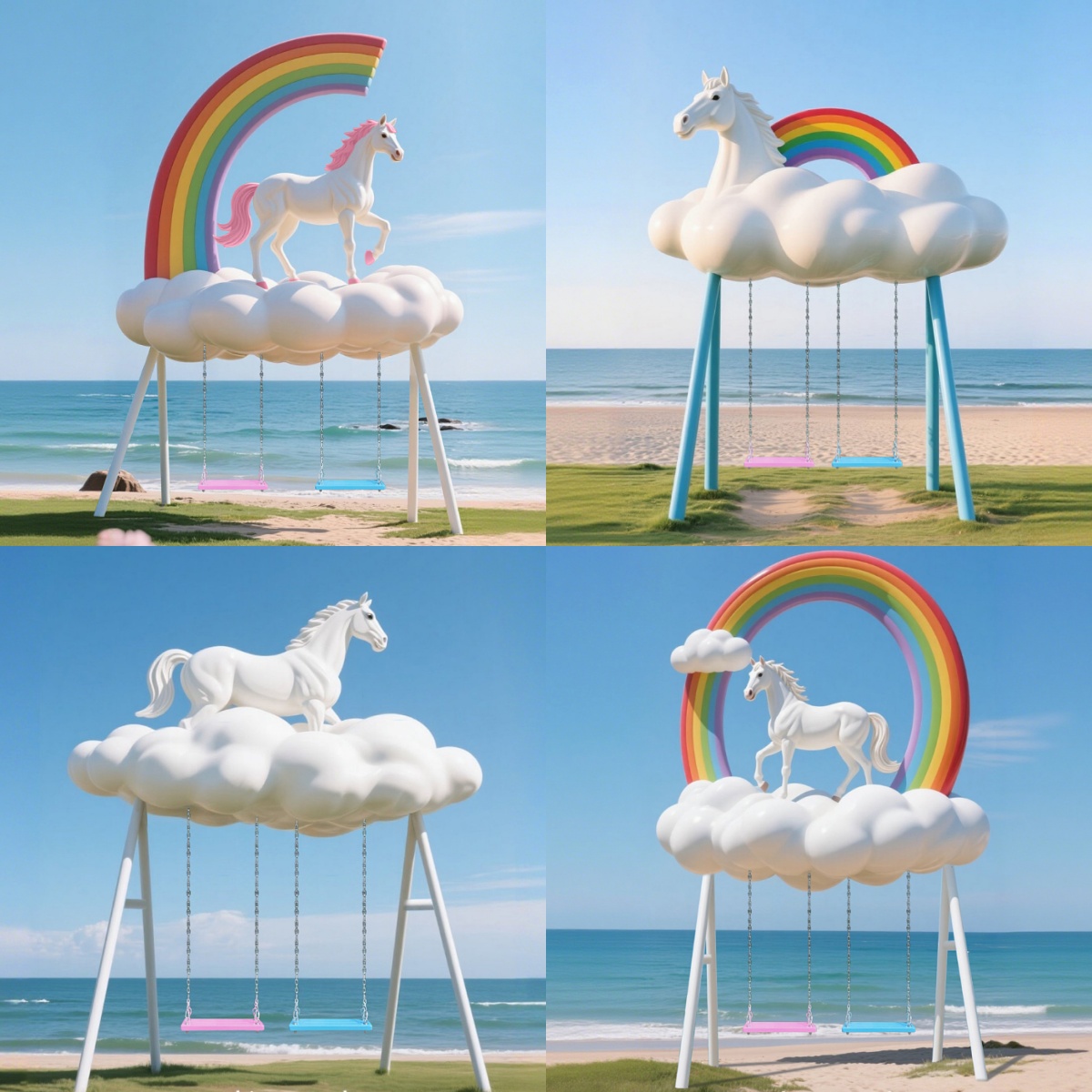 户外彩虹云朵骏马秋千玻璃钢雕塑网红景区沙滩拍照打卡美陈大摆件