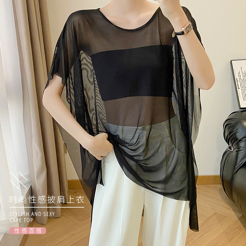 夏季宽松大码披肩女超薄面料居家休闲空调房睡觉成熟性感网纱罩衫