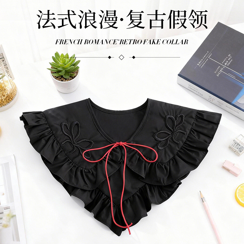 法式复古双层荷叶边假领子黑红撞色系带设计秋冬搭配毛衣装饰假领