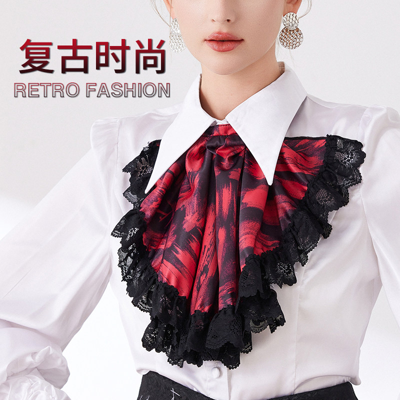 法式宫廷风假衣领红黑笔触印花拼接蕾丝边设计晚宴派对装饰假领子