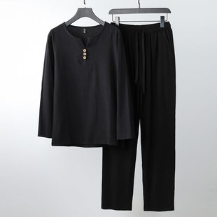 休闲男装长袖V领亚麻套装男士春款装新款大码胖子宽松棉麻短袖男