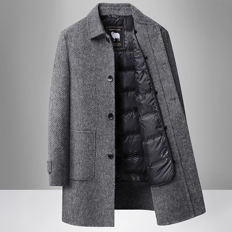 男式人字纹双面呢羊毛大衣秋冬新款鹅绒脱卸内胆保暖男装毛呢外套