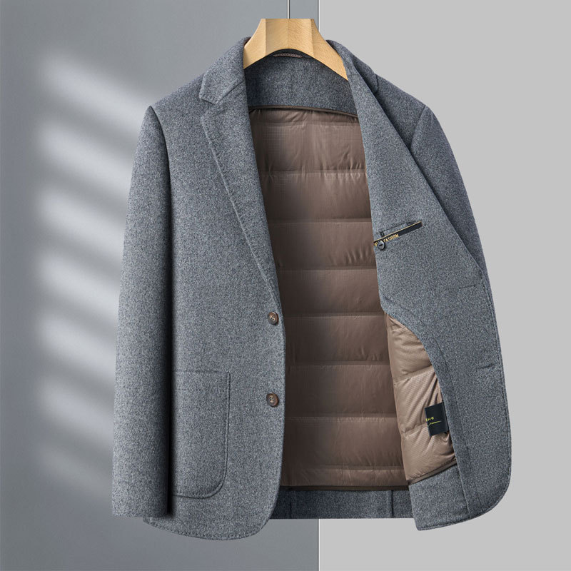 男士纯色毛呢大衣男短款秋冬季加厚羽绒内胆羊毛西服双面呢外套