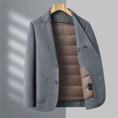 男士纯色毛呢大衣男短款秋冬季加厚羽绒内胆羊毛西服双面呢外套