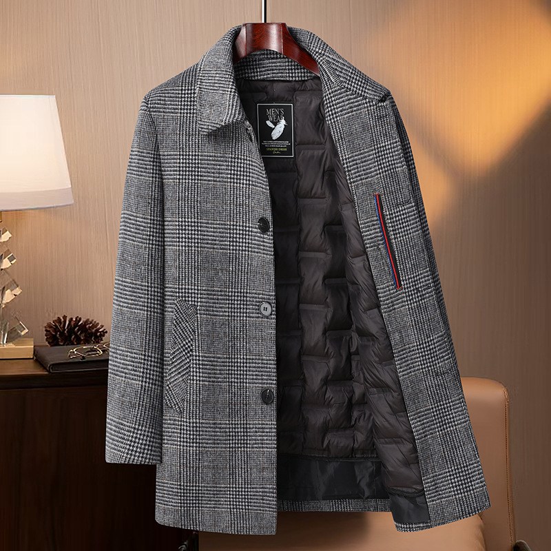 秋冬季加厚羽绒内胆格纹羊毛呢子大衣男士中长款休闲毛呢风衣外套