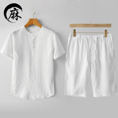 男士夏季薄款亚麻套装男短袖T恤衬衫男款休闲短裤夏天纯麻料衣服