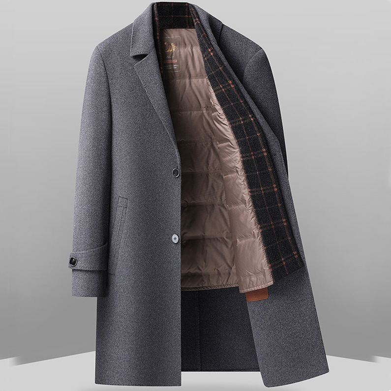羊毛呢子大衣中长款男士秋冬季新款羽绒内胆西装领双面呢风衣外套