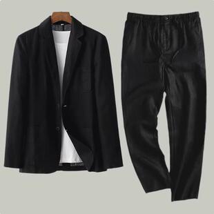 春秋薄款纯亚麻西装男套装夏季全麻布料外套裤子男士休闲西服男款