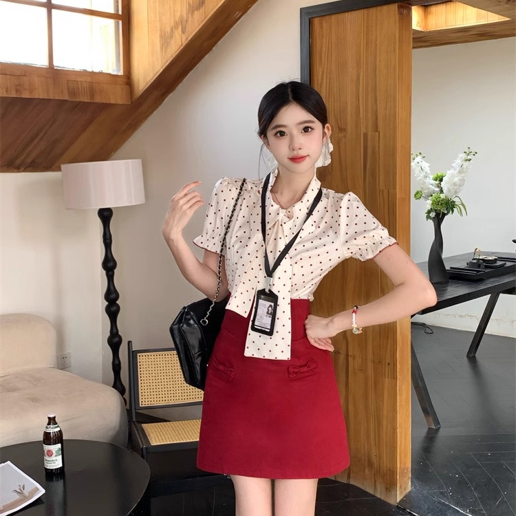 法式千金波点衬衫套装高智感红色连衣裙子女夏季a字短裙子两件套