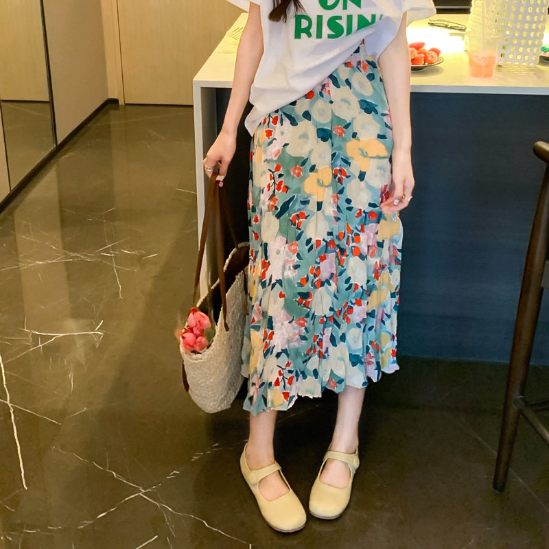 韩国代购2023新款 韩国复古高腰显瘦中长款印花皱褶A型半身裙女