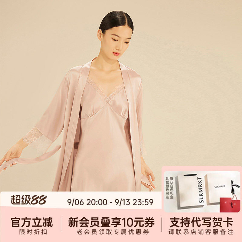 乃丝100%桑蚕丝经典蕾丝睡裙睡袍图片