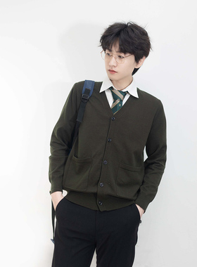 LF原创开衫针织衫毛衣墨绿色外套DK/JK日系制服学院风上衣秋季