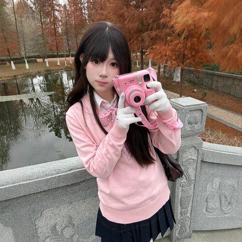 LF原创假两件/JK制服毛衣套装V领套头日系长袖针织衫秋冬校供感女
