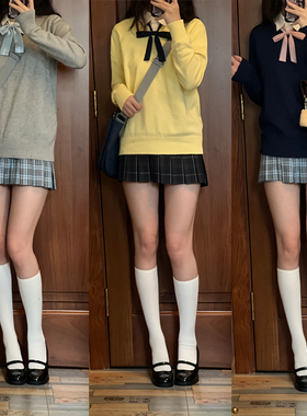 LF原创V领毛衣女纯棉纯色学院风日系JK制服秋冬外套头针织衫长袖