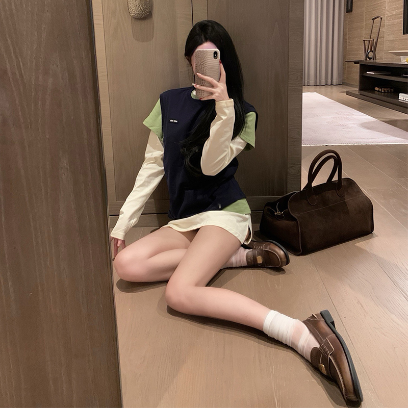 2025春夏季两用新款系miu字母短袖背心长袖打底衫t恤叠穿三件套女