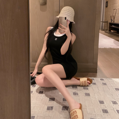 MIU系螺纹花边领无袖背心连衣裙女夏季新款收腰修身显瘦包臀裙子