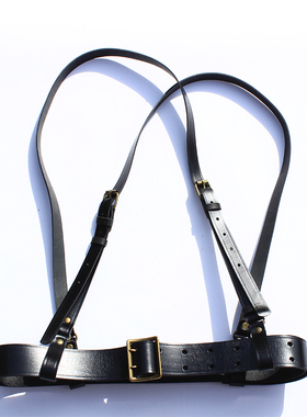 表演道具军官武装带双肩交叉斜挎肩带黑色牛皮外腰带双排孔宽腰带