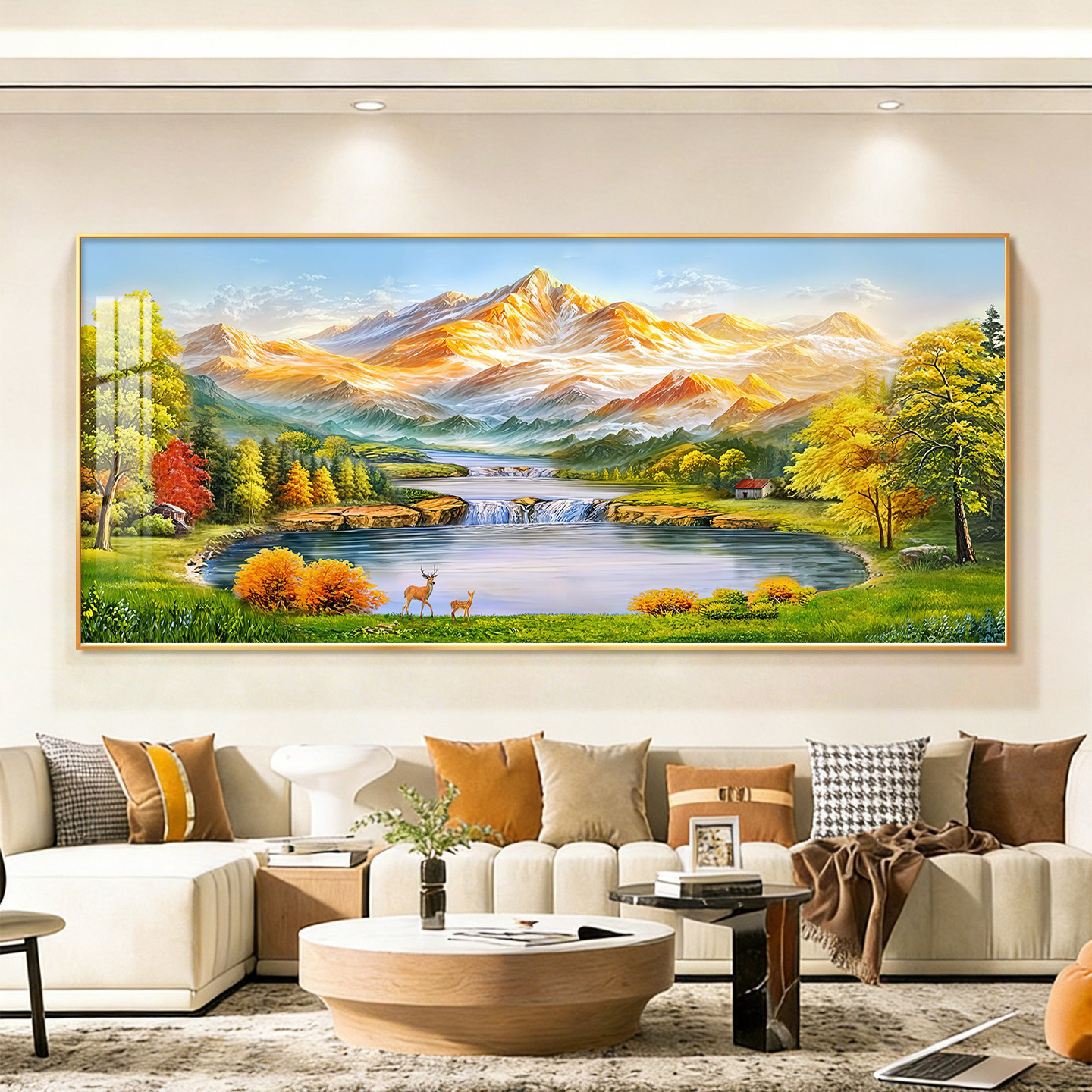 聚宝盆山水风景画客厅挂画高端大气沙发背景墙装饰画背靠金山壁画
