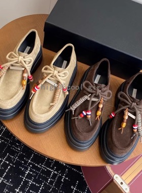 真皮松糕厚底小个子增高乐福鞋女轻便百搭英伦风时髦串珠系带单鞋