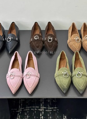 英伦风真皮擦色尖头乐福鞋女铆钉金属扣一脚蹬平底鞋时髦浅口单鞋