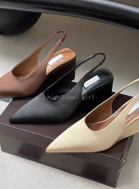真丝缎面浅口尖头坡跟后绊带高跟凉鞋黑色气质百搭显瘦增高女单鞋