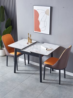 亮光岩板餐桌椅组合家用小户型简约可伸缩折叠轻奢网红餐桌长方形