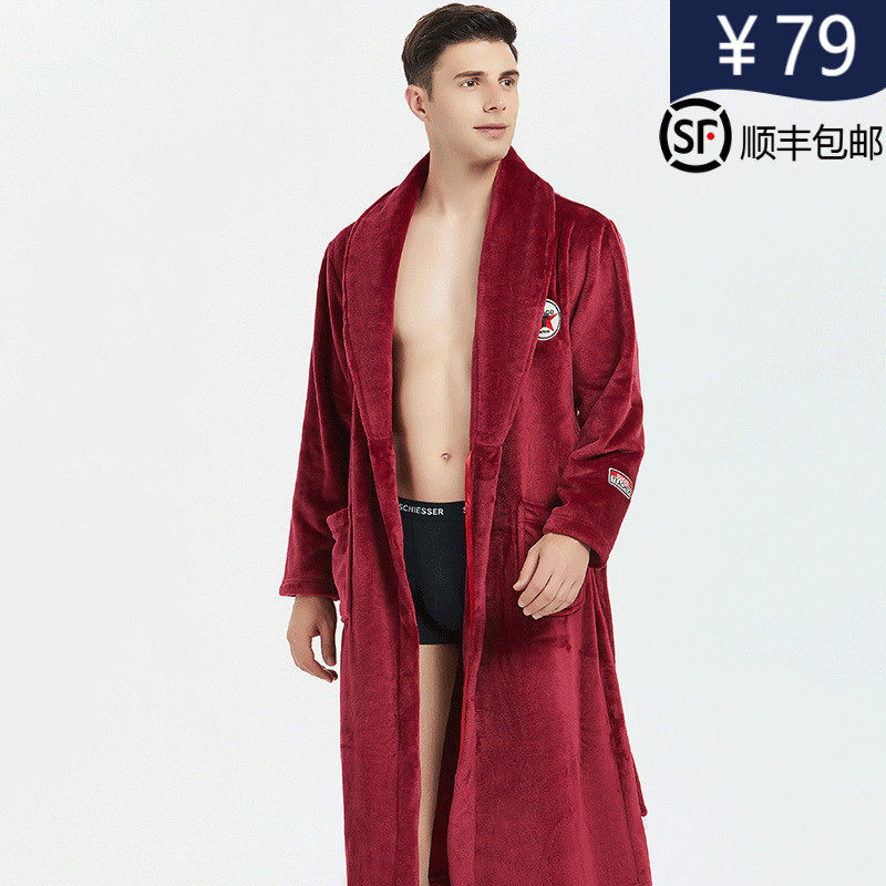 Y.A.F新款冬珊瑚绒睡袍男士浴袍睡衣一体式长款胖子加大加肥浴衣