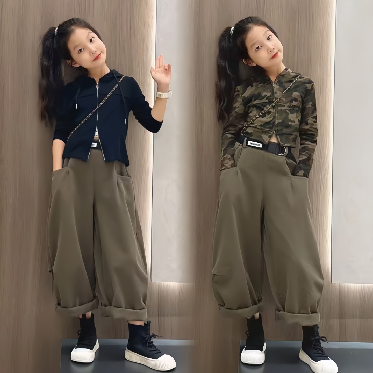 女童2025秋季炫酷迷彩长袖连帽开衫中大童美式复古工装裤潮两件套