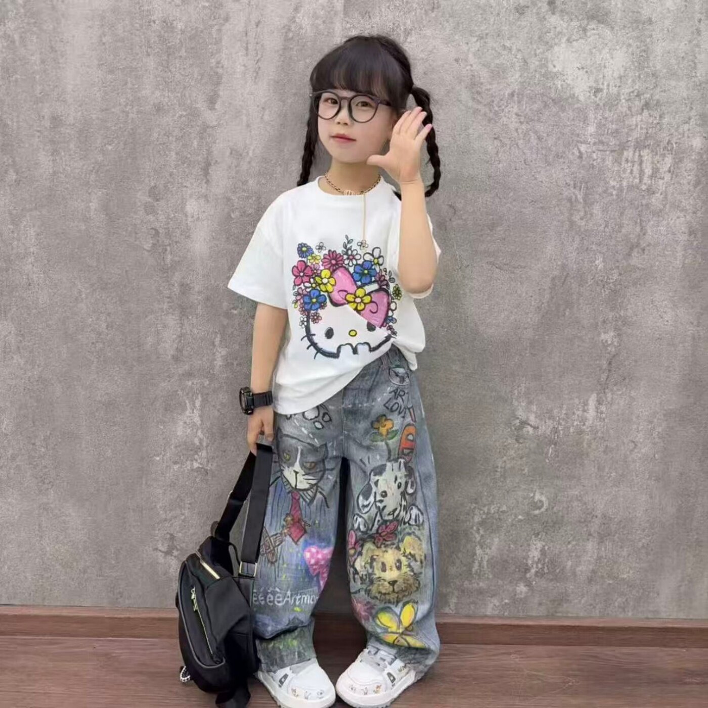 女童短袖KT猫狗涂鸦套装2026新款韩版中大童时尚个性潮流两件套潮