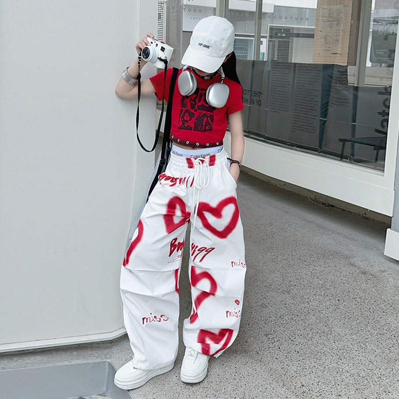 美式复古爱心涂鸦阔腿裤女童夏季套装薄款高腰直筒宽松显瘦工装裤,童装/婴儿装/亲子装,套装,淘宝优惠券,粉丝福利购,淘宝优惠卷