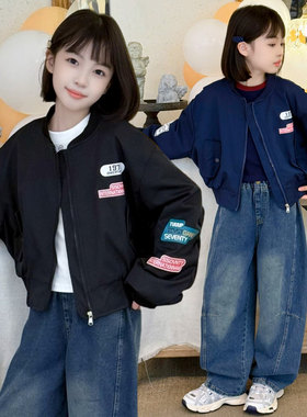 1970女童棒球服秋季女孩机车风贴标短款外套女大童初中生印花夹克