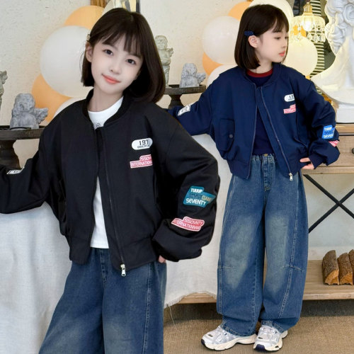 1970女童棒球服秋季女孩机车风贴标短款外套女大童初中生印花夹克