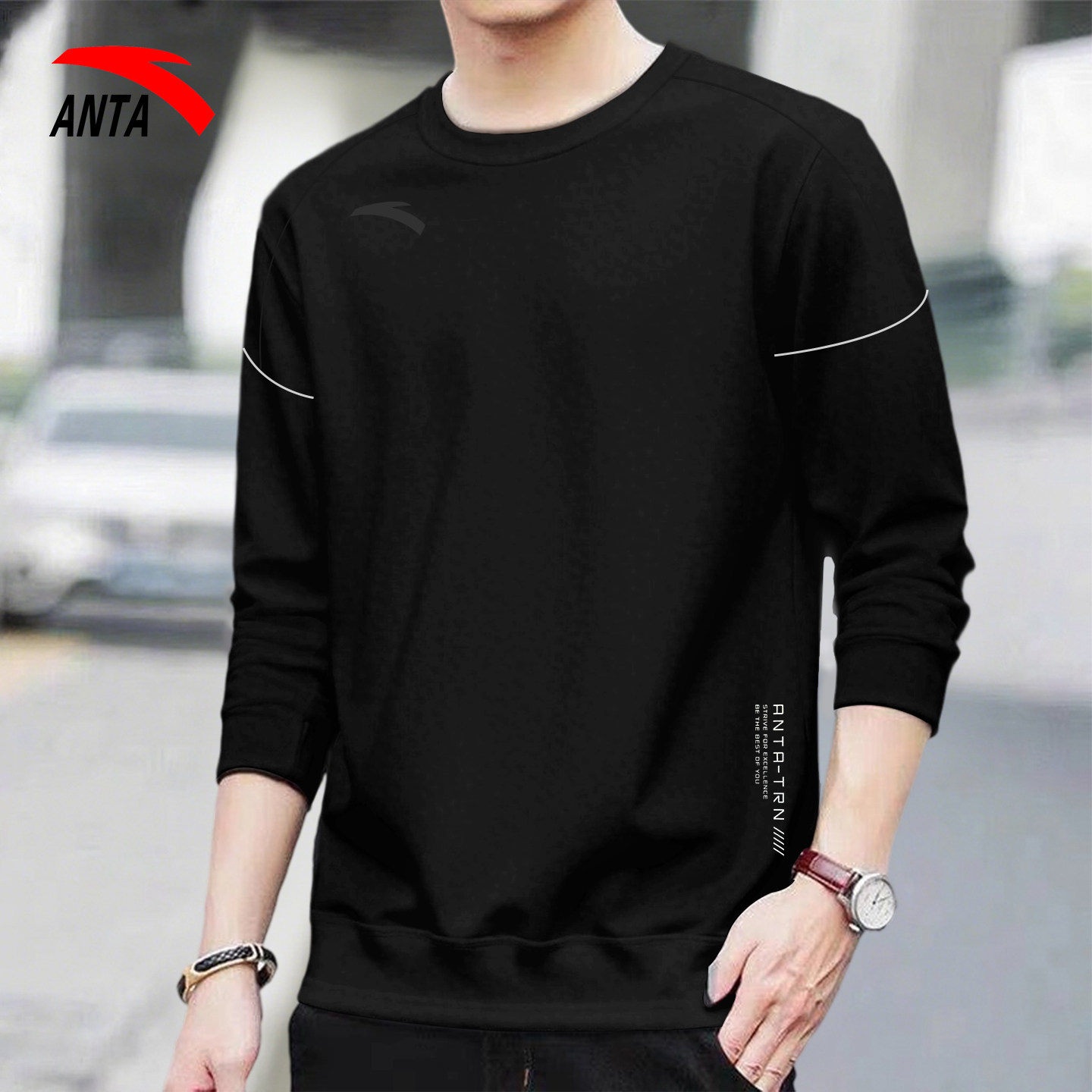 安踏运动卫衣男2026新款春季保暖长袖休闲上衣套头衫黑色修身外套