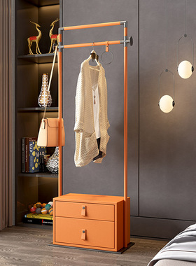 轻奢极简衣帽架橙色皮艺网红挂衣架家用落地卧室不锈钢收纳置物架