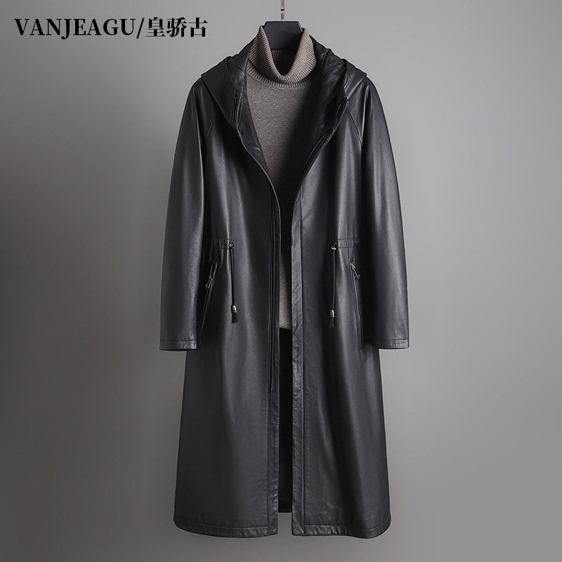 连帽头层牛皮真皮皮衣男长款修身单皮海宁高档秋冬加长过膝皮风衣