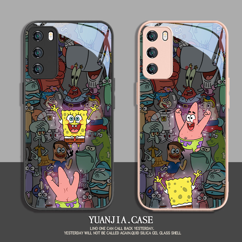 适用华为手机壳情侣海绵宝宝玻璃