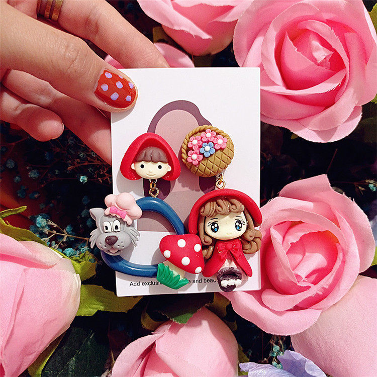 原创手作耳饰童话卡通可爱萌妹子小红帽和大灰狼夸张耳钉耳环耳夹