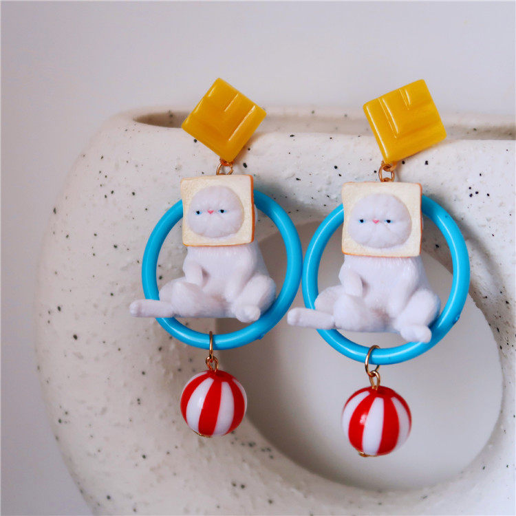 原创手作耳饰少女个性日系卡通夸张搞怪土司大白猫咪耳环耳钉耳坠