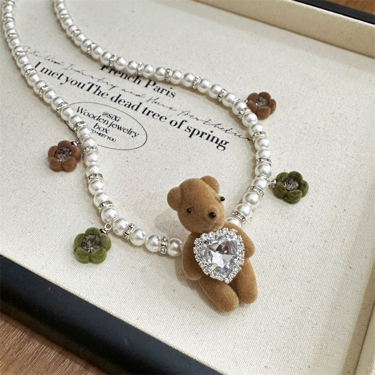 原创手作可爱卡通植绒花朵小熊爱心水钻珍珠短款项链颈链锁骨链女
