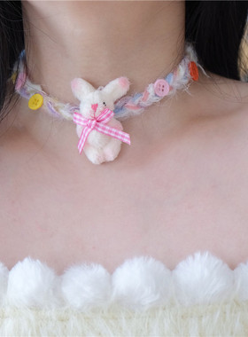 原创兔子毛线编织纽扣蝴蝶结项链